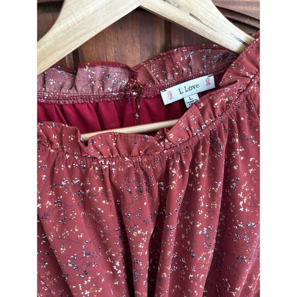 L Love Blouson Sleeve Midi Dress Sz L Floral Rust Cottagecore boho Pheasant chic - Picture 3 of 7